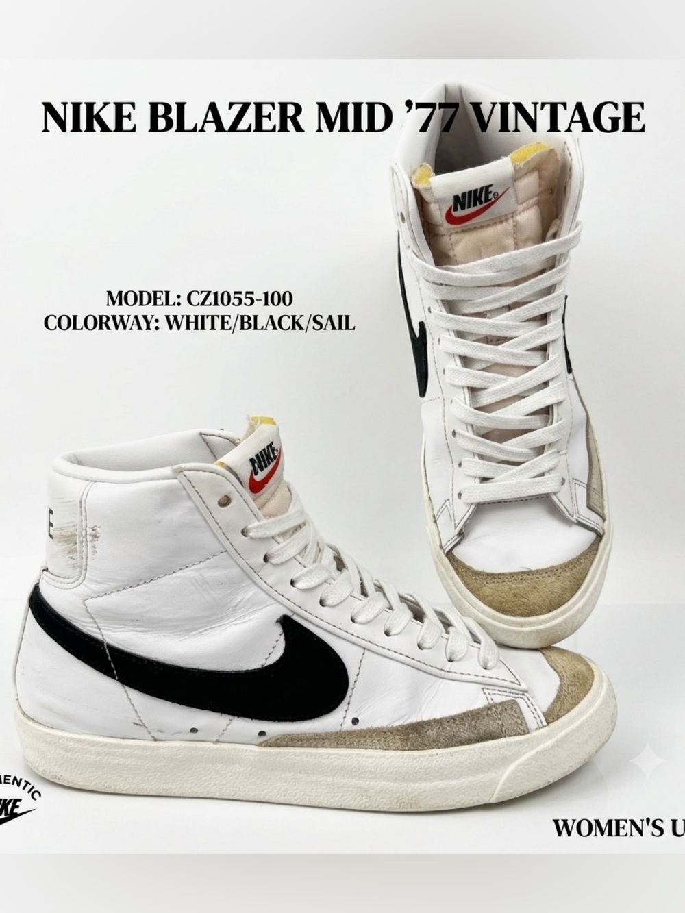 Nike Blazer Mid ’77 Vintage White Black Leather High Top Sneakers Sz 9 Women